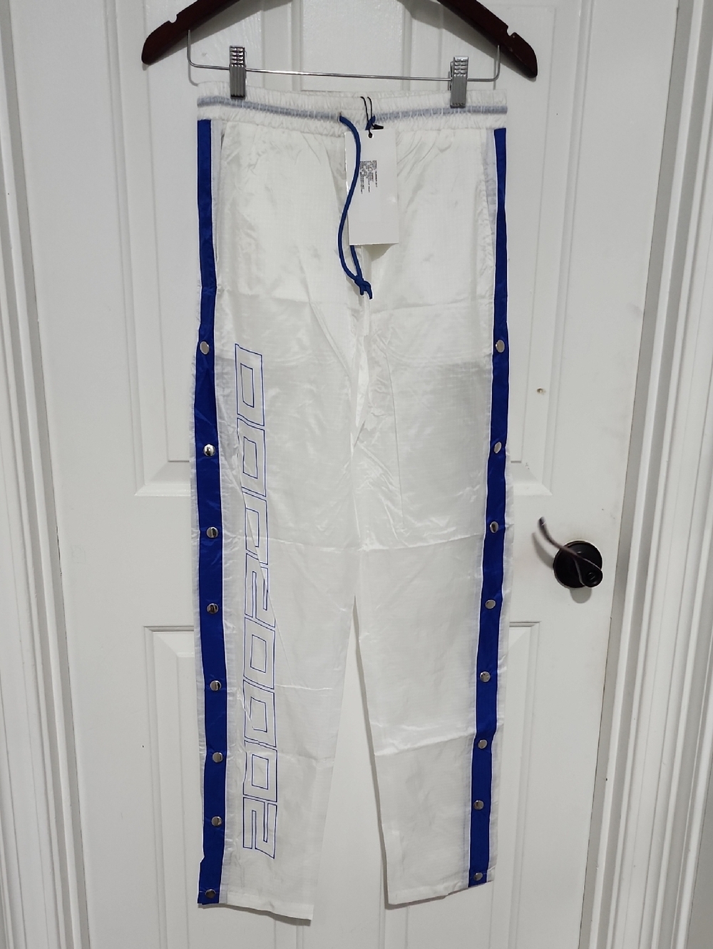 White and Blue Men's Snap-Trim  Pants